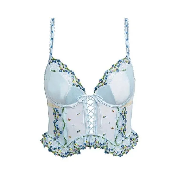 For Love & Lemons Blue Floral Embroidered Bustier Bralette Corset Top | Coquette - Picture 13 of 15